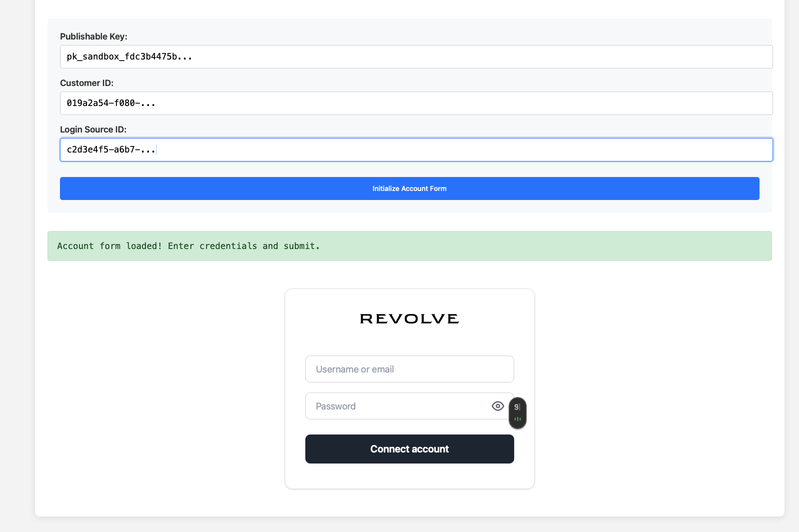 Playground for initializing account connection form