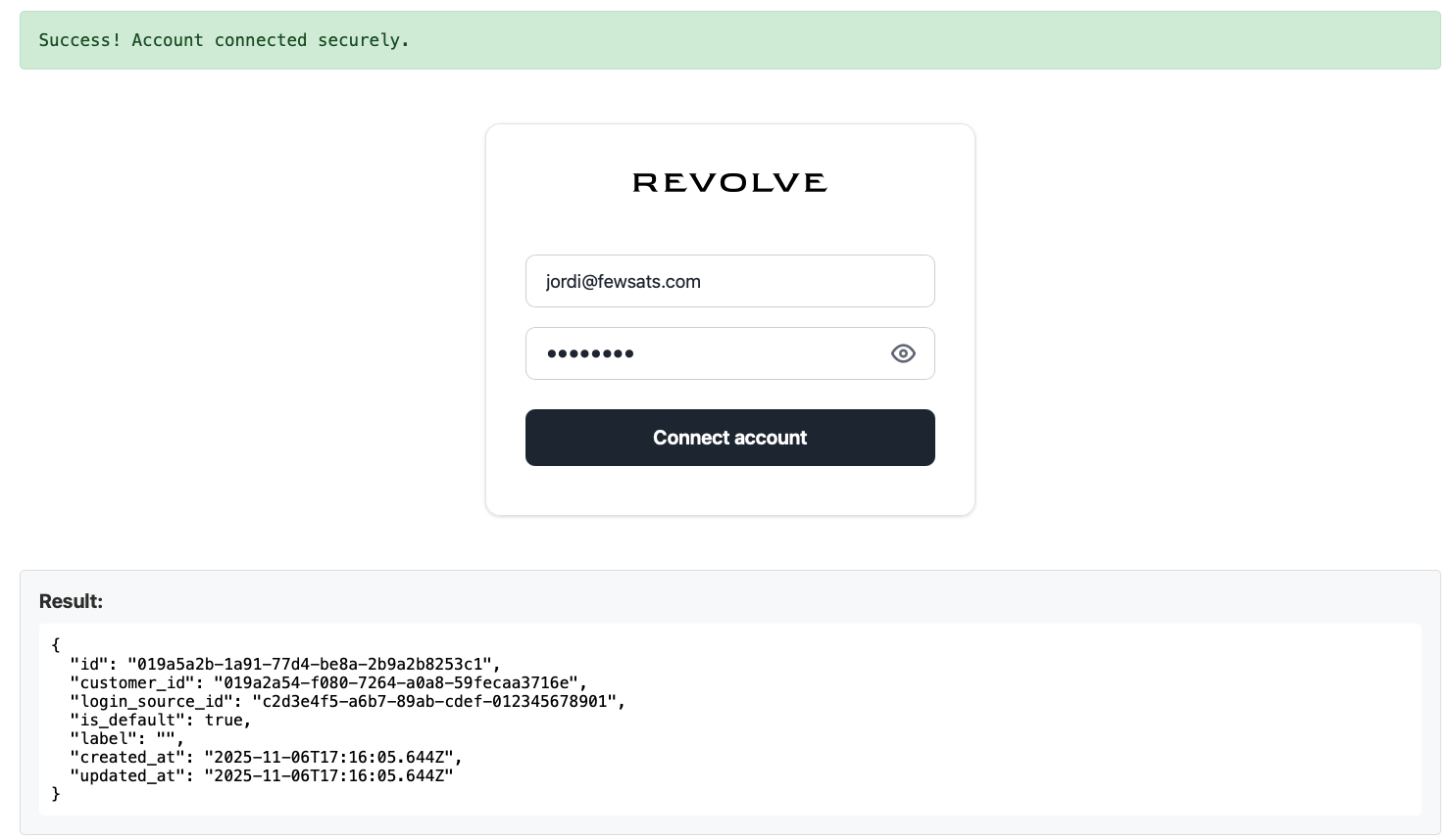 Successful account connection with JSON response